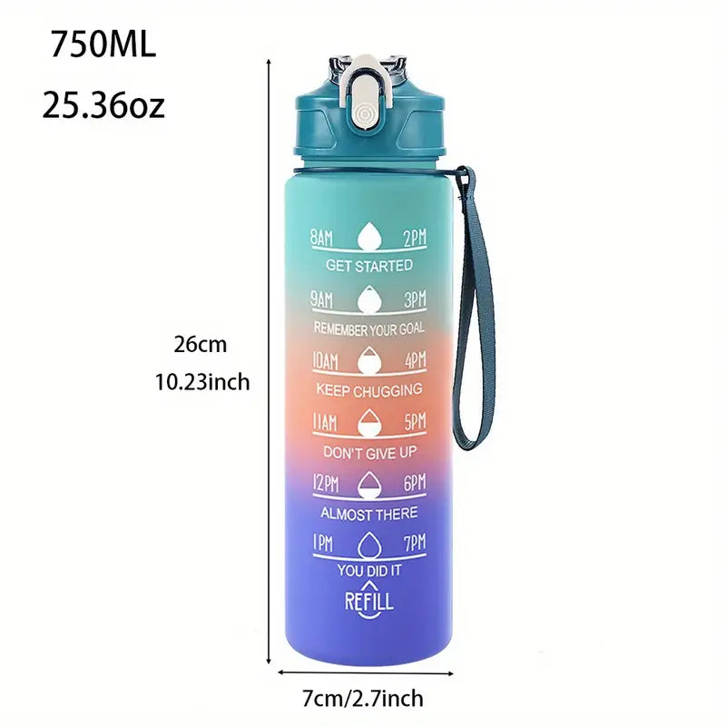 750ml Motivational Time-Marked Water Bottle – Leak-Proof, BPA-Free, with Straw Lid & Carry Strap
