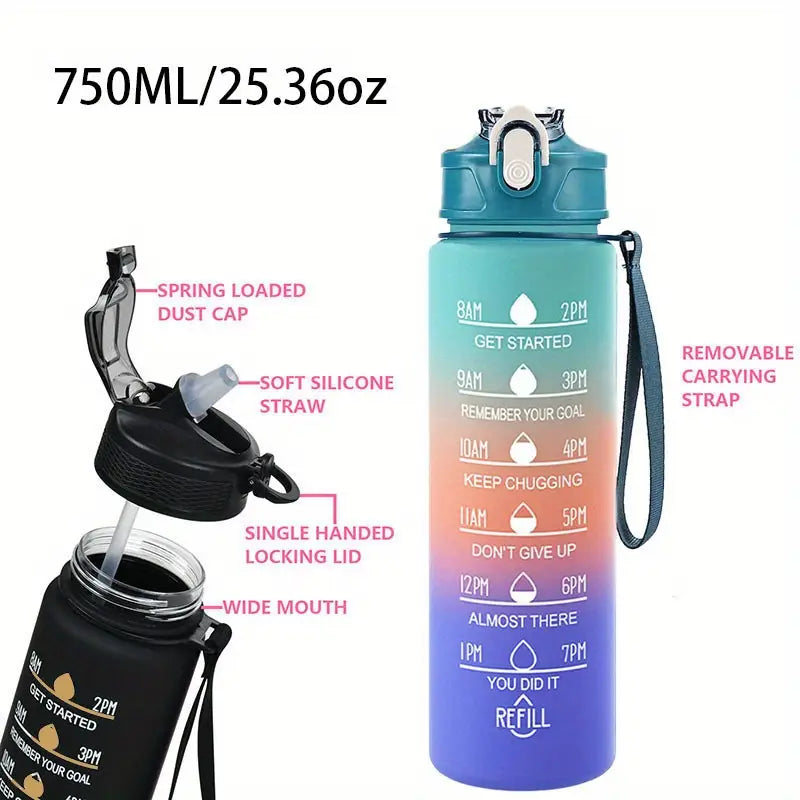 750ml Motivational Time-Marked Water Bottle – Leak-Proof, BPA-Free, with Straw Lid & Carry Strap