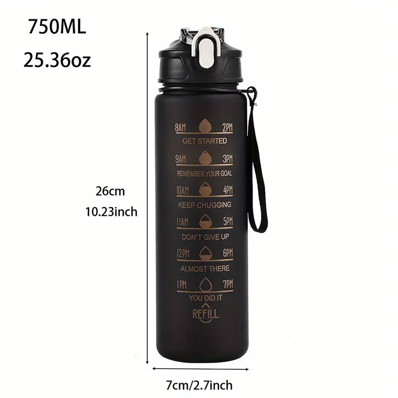 750ml Motivational Time-Marked Water Bottle – Leak-Proof, BPA-Free, with Straw Lid & Carry Strap