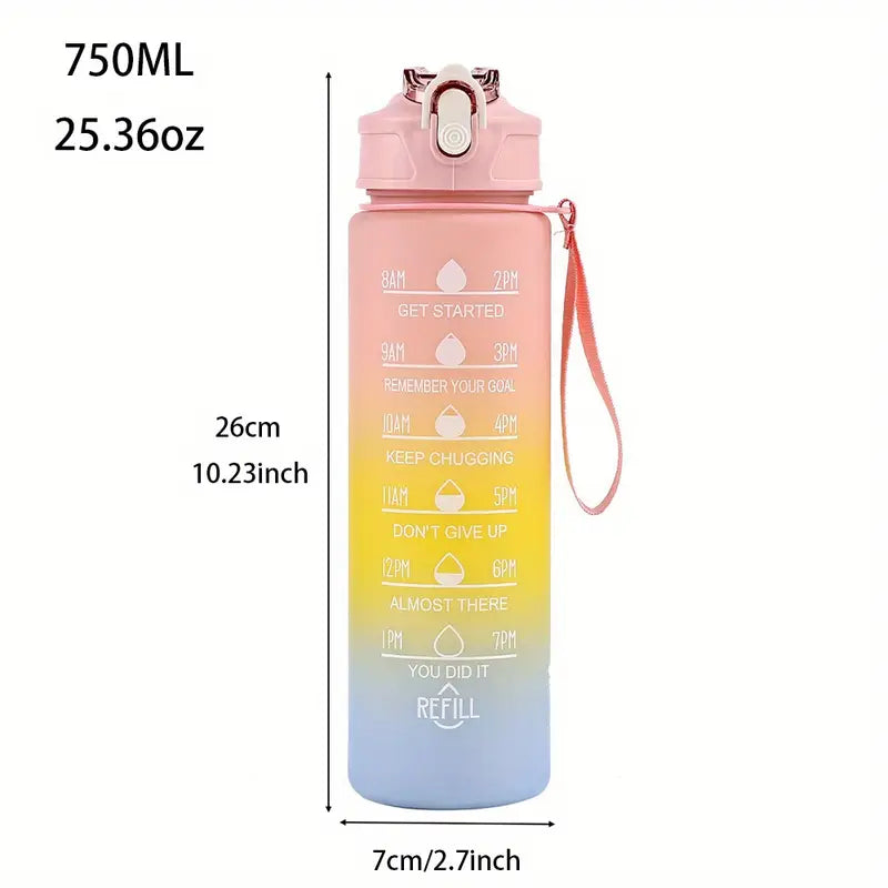 750ml Motivational Time-Marked Water Bottle – Leak-Proof, BPA-Free, with Straw Lid & Carry Strap
