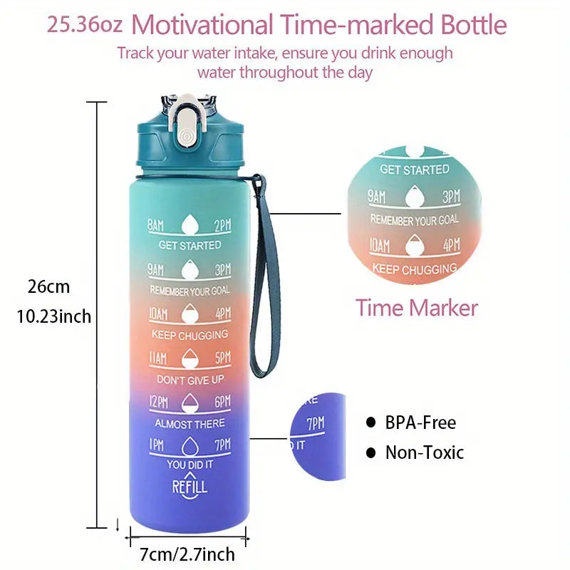 750ml Motivational Time-Marked Water Bottle – Leak-Proof, BPA-Free, with Straw Lid & Carry Strap
