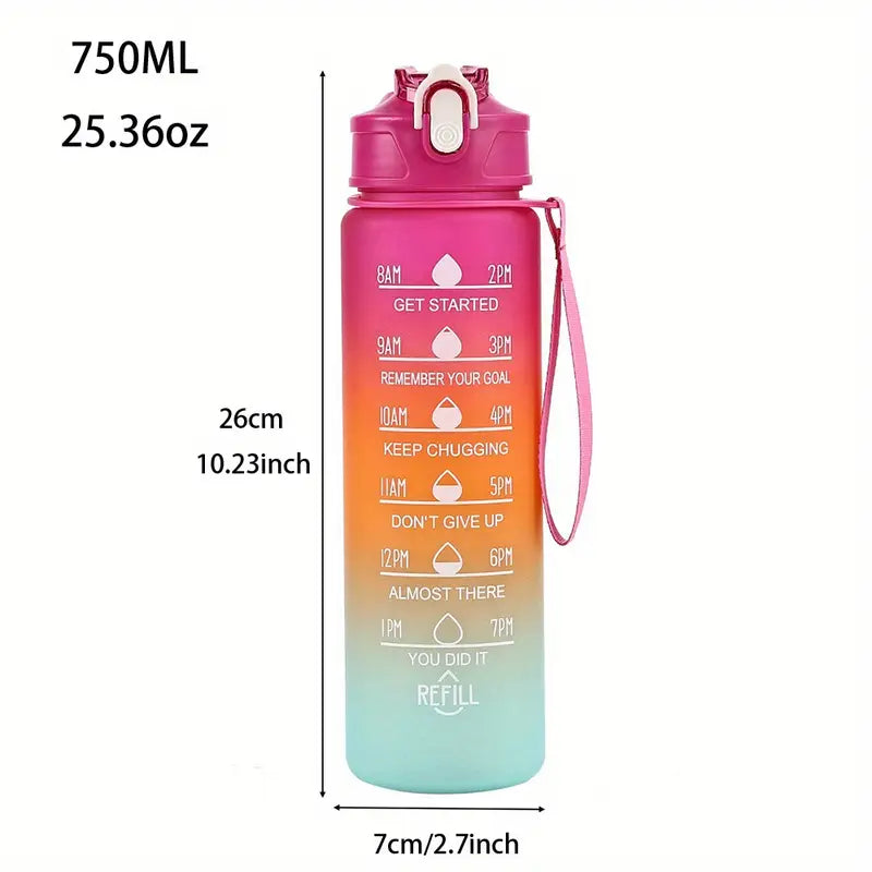 750ml Motivational Time-Marked Water Bottle – Leak-Proof, BPA-Free, with Straw Lid & Carry Strap
