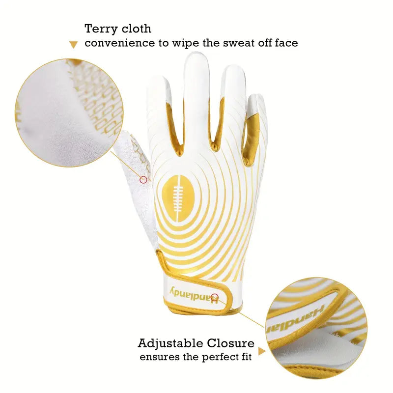 White Golden Elastic Adjustable Closure Sticky Football Gloves