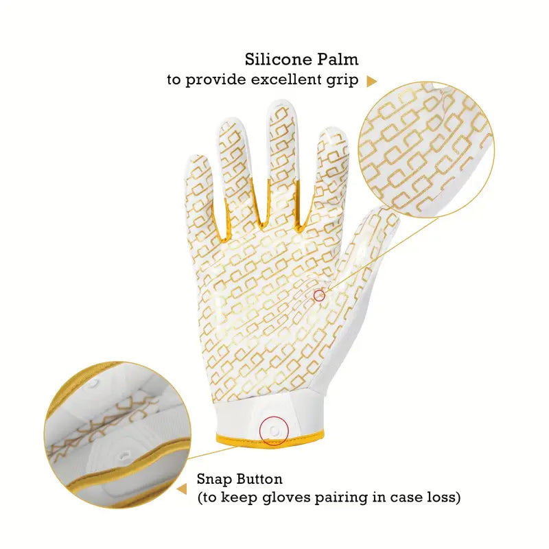 White Golden Elastic Adjustable Closure Sticky Football Gloves