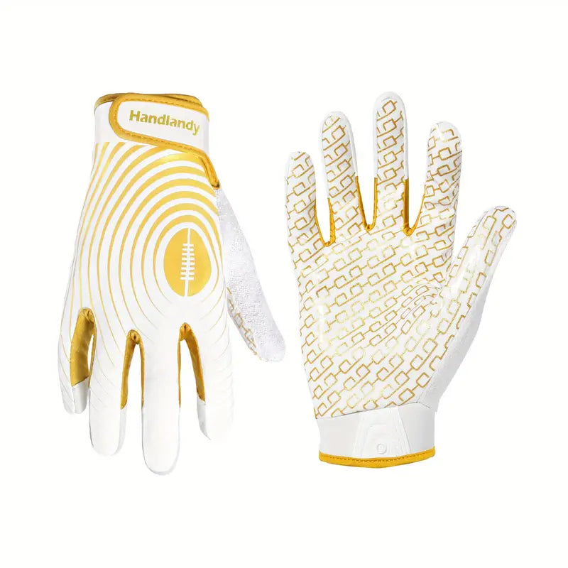 White Golden Elastic Adjustable Closure Sticky Football Gloves
