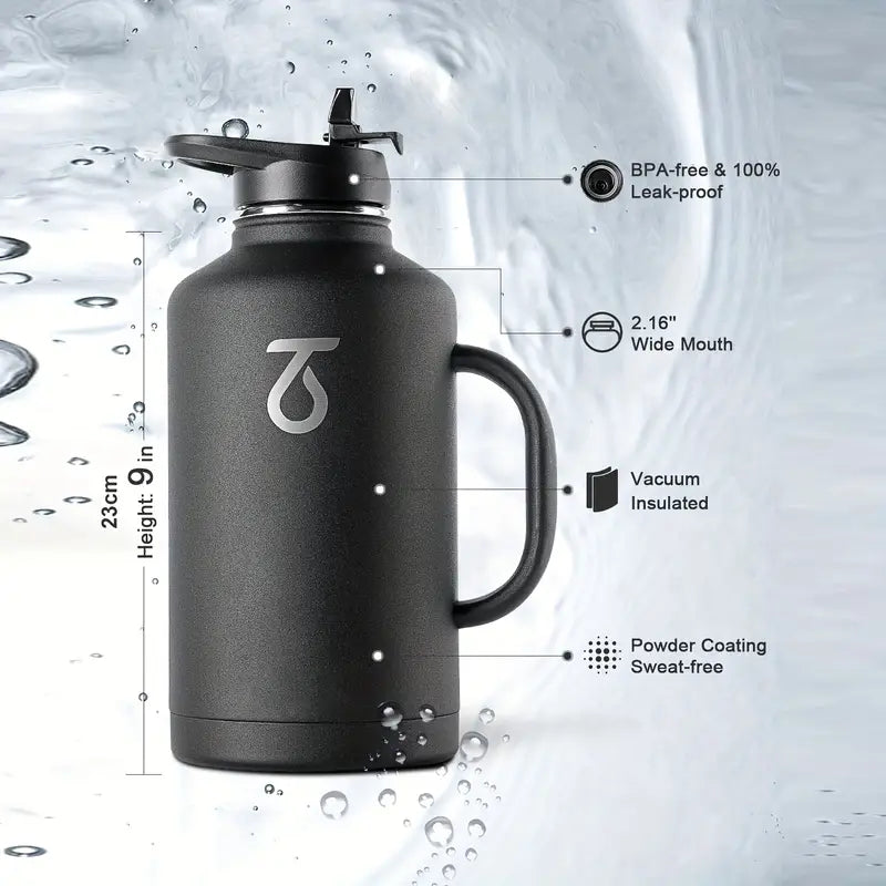 MegaFlow 64oz Insulated Stainless Steel Jug – Double-Walled, Leak-Proof, with Dual Lids & Carry Case