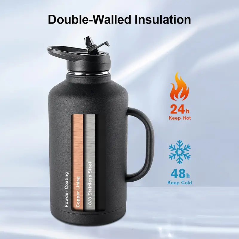 MegaFlow 64oz Insulated Stainless Steel Jug – Double-Walled, Leak-Proof, with Dual Lids & Carry Case