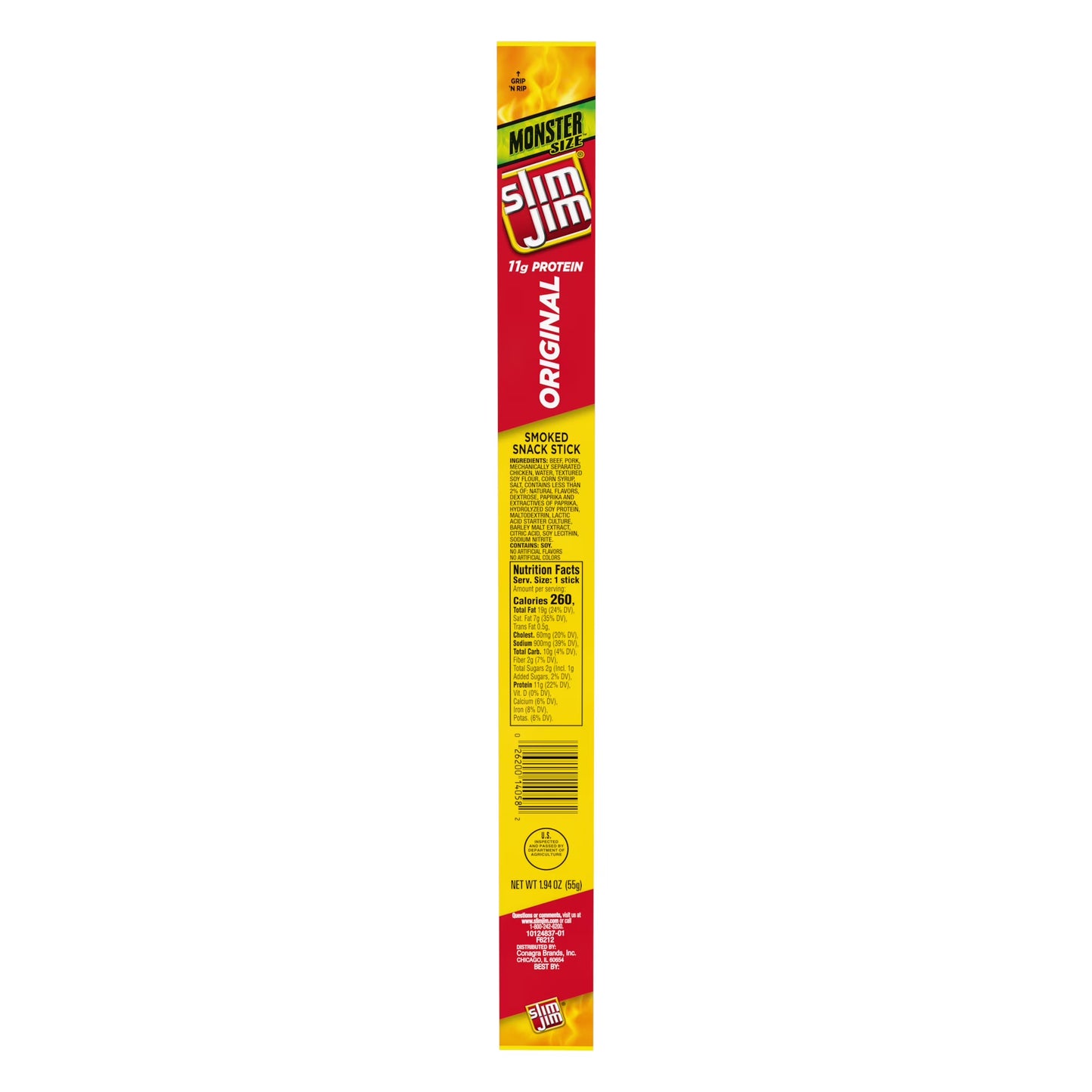 Snack-Slim Jim Monster Size Original Meat Stick, 11g Protein Per Serving, 1.94 oz.