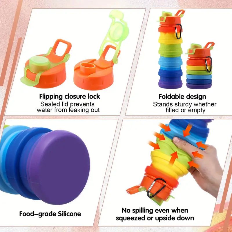 Colorful Collapsible Silicone Water Bottles, 17oz – Leak-Proof, Reusable Travel Cups with Clip