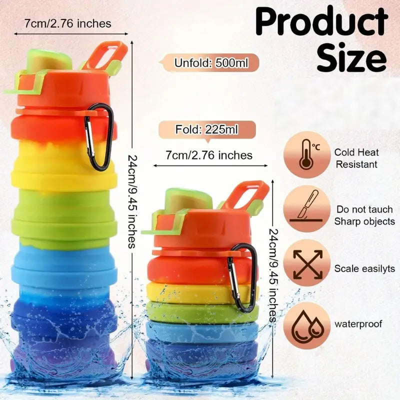 Colorful Collapsible Silicone Water Bottles, 17oz – Leak-Proof, Reusable Travel Cups with Clip